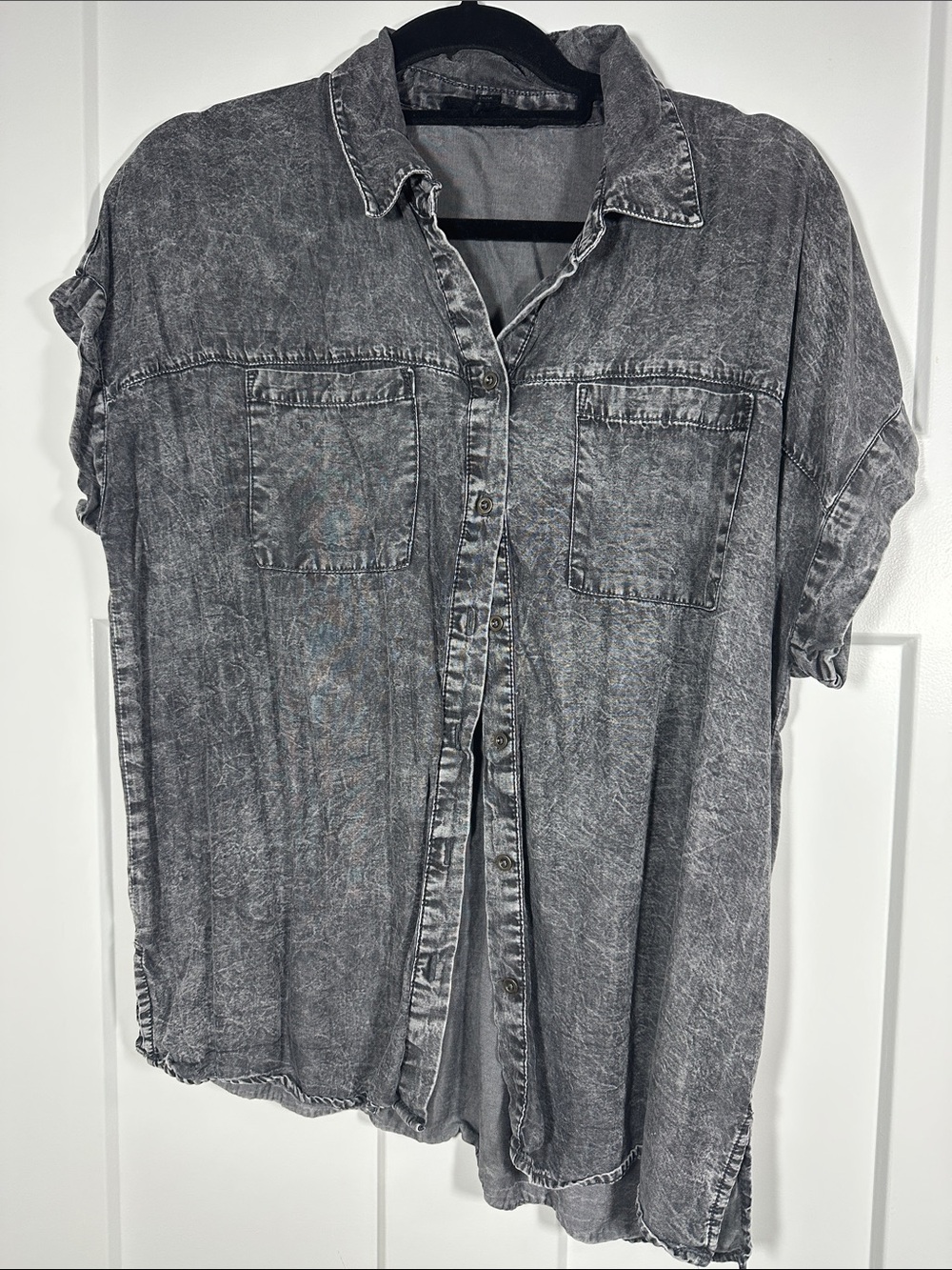 Washed Grey Button-Front Women's Top